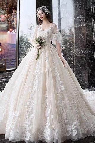 Princess Half Sleeve Ball Gown Wedding Dresses Appliques V Neck Bridal SJSPYYC62LK