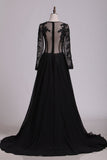 Black Long Sleeves Scoop Prom Dresses With Applique & Slit Chiffon