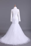 High Neck Mermaid/Trumpet Muslim Wedding Dresses Pleated Bodice With Tulle Skirt Lace Up