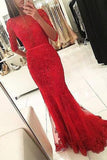 Graceful Red Beaded Lace Long Half Sleeve Backless Floor Length Mermaid prom Dresses JS703