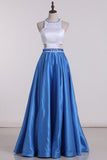 Bicolor Scoop A Line Prom Dresses Satin With Beading Sweep Train