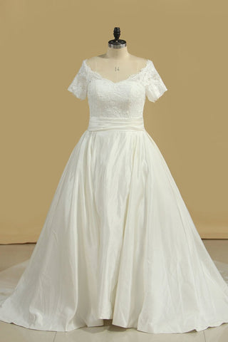 New Arrival Wedding Dresses V Neck Short Sleeves Satin A Line