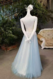 New Arrival A-Line High Neck Tulle Prom Dresses Floor Length Lace Up