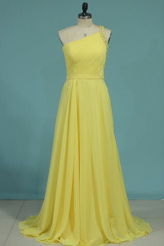 Chiffon A Line One Shoulder With Ruffles And Beads Prom Dresses