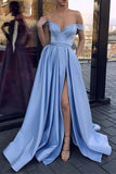 Cheap Simple A Line Blue V Neck Off the Shoulder Satin Long High Slit Prom Dresses JS59