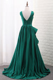 V Neck A Line Satin Prom Dresses With Slit Sweep Train