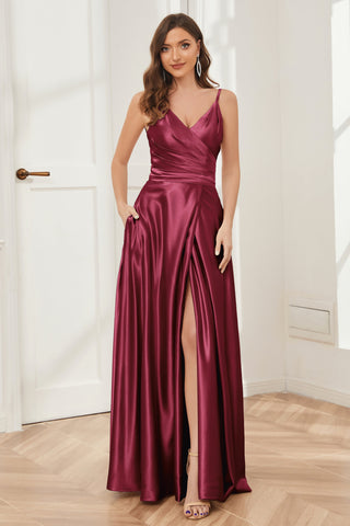 A-line V-neck Soft Satin Long Bridesmaid Dress with Pockets