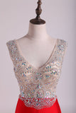 V Neck Beaded Bodice Open Back Prom Dresses Column Spandex Sweep Train