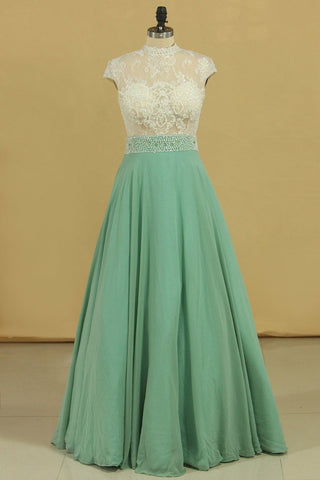 High Neck A Line Chiffon With Applique Prom Dresses Floor Length