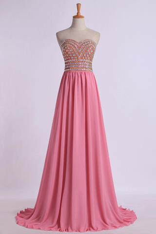 Prom Gown A-Line Sweetheart Sweep/Brush With Beading&Rhinestone Chiffon