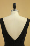 Black Lace Evening Dresses V Neck Open Back Sweep Train Sheath Size 8