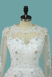 A Line Scoop Wedding Dresses Long Sleeves Tulle With Applique & Beading Detachable Skirt Chapel Train