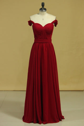 Burgundy/Maroon Prom Dresses Off The Shoulder A Line Chiffon Floor Length With Ruffles