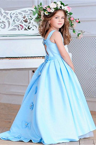 Princess A Line Sky Blue Satin Flower Girl Dresses with Bowknot, Baby Dresses SJS15586