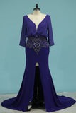 Prom Dresses V Neck 3/4 Length Sleeves Mermaid With Beads Satin & Chiffon