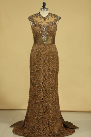 Brown High Neck Evening Dresses Column With Beading Lace Sweep Train