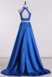 Prom Dresses V Neck Two-Piece Satin With Beading Sheath