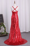 Hot Mermaid Sequins Prom Dresses Halter With Slit Open Back