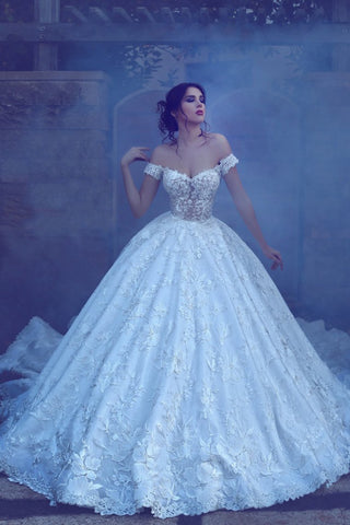 Lace A Line Off The Shoulder Wedding Dresses With Applique Chapel Train