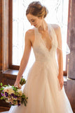 Elegant A Line Lace Appliques Deep V Neck Backless Halter Tulle Beach Wedding Dresses JS858