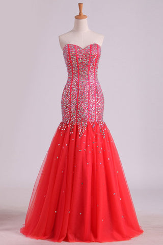 Sweetheart Prom Dresses Beaded Bodice Floor Length Tulle Lace Up