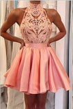 A Line High-Neck Satin & Lace Short/Mini Homecoming Dresses With Detachable Train