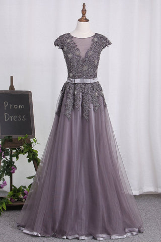 Scoop Tulle Prom Dresses With Applique And Beaded Bodice