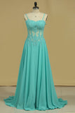 Chiffon Spaghetti Straps With Applique A Line Floor Length Prom Dresses