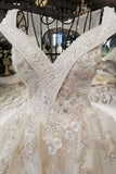 Champagne Wedding Gown V Neck Royal Train Handmade Beading Lace Up Back