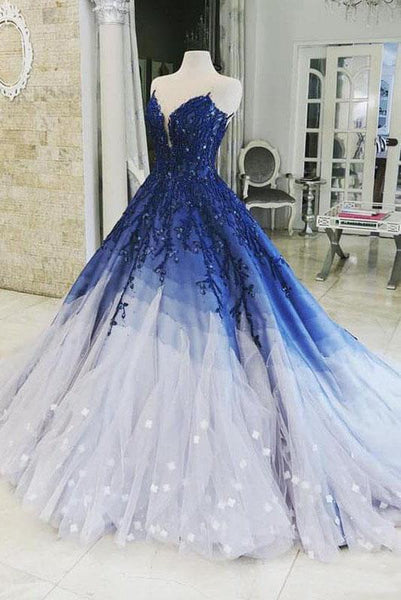 Buy Ombre Ball Gown Royal Blue Prom Dresses With Appliques Long V Neck Quinceanera Dresses SJS15275 Online Jolilis