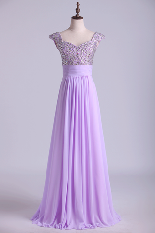 Exquisite Straps A Line Chiffon Prom Dresses Beaded And Ruffled Floor Length