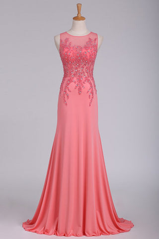 See-Through Prom Dresses Scoop Beaded Bodice Spandex Mermaid Sweep Train