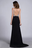 Prom Dresses Full Beaded Spandex Bodice Backless Sexy Court Train Black