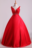 Hot Red Satin Prom Dresses Straps Floor Length Beaded Bodice A Line