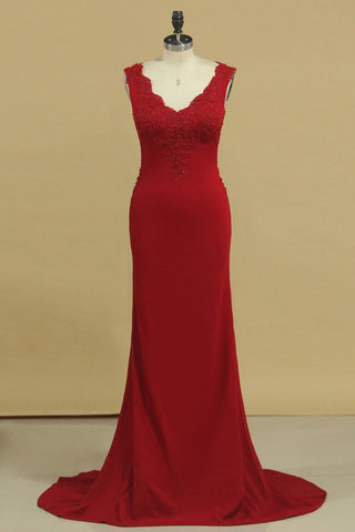 V Neck Prom Dresses Sheath With Applique Court Train Spandex