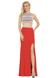 Two-Piece Scoop Prom Dresses Spandex With Beads And Slit