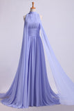 High Neck Pleated Bodice Prom Dresses A-Line Chiffon Sweep Train