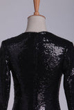 Prom Dresses V Neck Long Sleeves Sequins Sweep Train Black