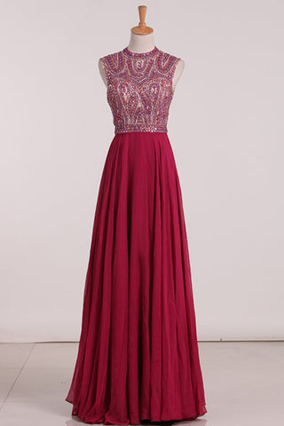 Open Back Prom Dresses A Line Chiffon With Beading Floor Length