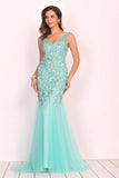 New Arrival V Neck Tulle With Applique And Beads Mermaid Prom Dresses