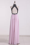 Chiffon High Neck Open Back Prom Dresses Beaded Bodice A Line