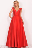 V-Neck Bubble Shoulder A-Line Satin Evening Dress Floor-Length