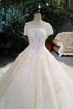 Luxurious Wedding Dresses Tulle Lace Up With Beads Sequins Appliques Short Sleeves