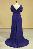 Elegant V Neck Evening Dresses Chiffon Sweep Train With Ruffles