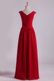 Burgundy Off The Shoulder Evening Dresses A Line Ruched Bodice Chiffon Floor Length