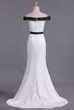 Bicolor Boat Neck Evening Dresses Mermaid Stretch Satin Sweep Train