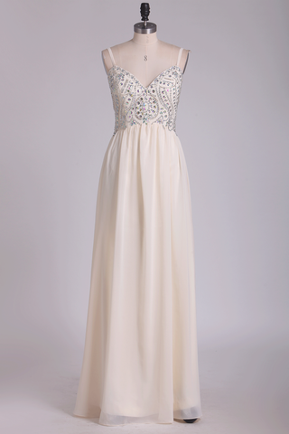 A Line Spaghetti Straps Chiffon With Beading Floor Length Prom Dresses