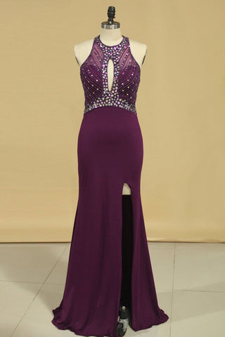 Scoop Open Back Beaded Bodice Dark Royal Blue Prom Dresses Sheath Spandex Sweep Train