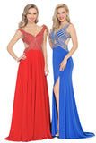 Chiffon Straps Beaded Bodice A Line Open Back Sweep Train Prom Dresses