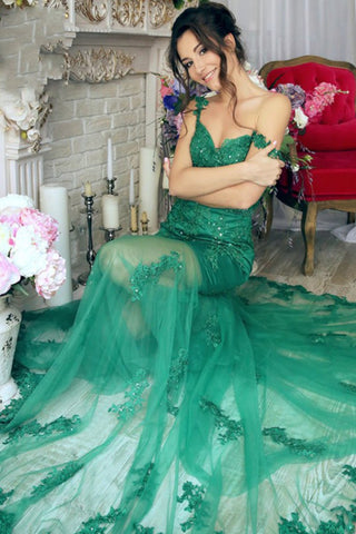 Off The Shoulder Mermaid Prom Dresses With Applique Tulle Sweep Train